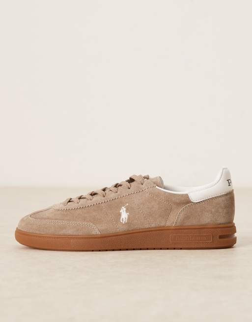 Polo Ralph Lauren suede polo logo trainers in stone, 2 of 5