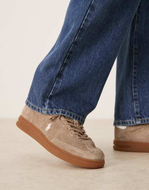 Polo Ralph Lauren suede polo logo trainers in stone, 3 of 5