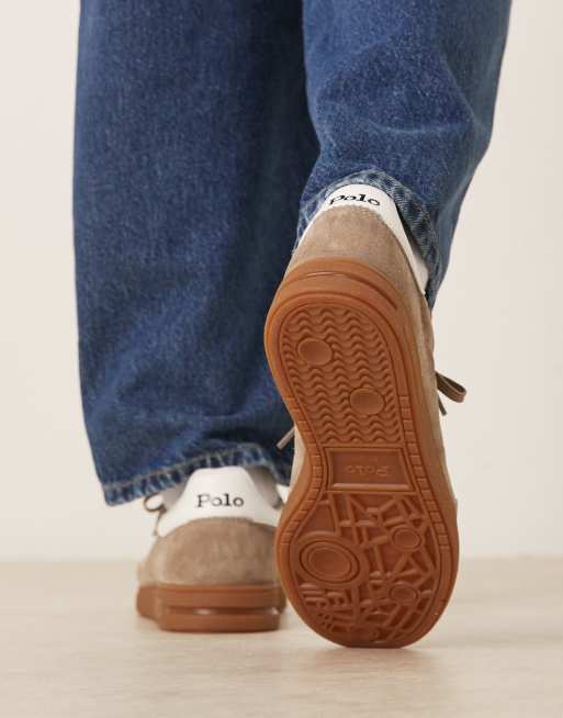 Polo Ralph Lauren suede polo logo trainers in stone, 5 of 5