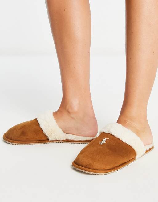 Polo Ralph Lauren Summit Scruff II mule slippers in tan and cream | ASOS