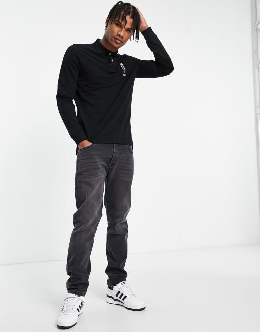 Polo Ralph Lauren sun valley bear logo long sleeve pique polo custom fit in  black | ASOS