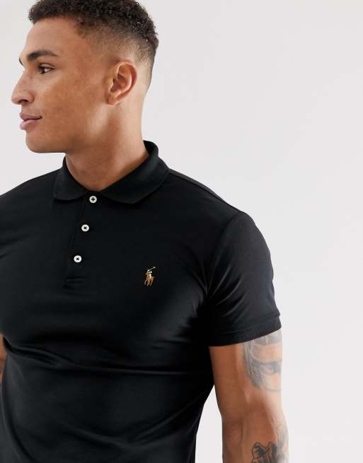 Polo Ralph Lauren – Svart pikétröja i pimabomull med smal passform och flerfärgad polospelare