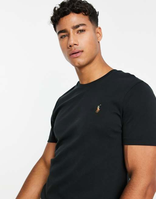 Polo Ralph Lauren – Svart t-shirt i pimabomull med smal passform och flera ponnyloggor