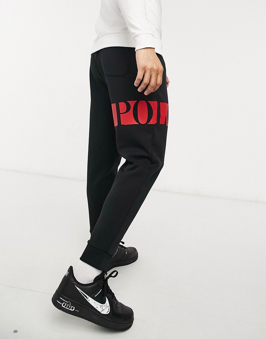 Polo Ralph Lauren – Svarta dubbelstickade mjukisbyxor med muddar och logga i funktionsmaterial på benet