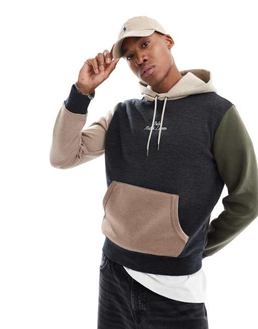 Polo Ralph Lauren – Svartmelerad, dubbelstickad huvtröja med flerfärgade färgblock och centrerad textlogga