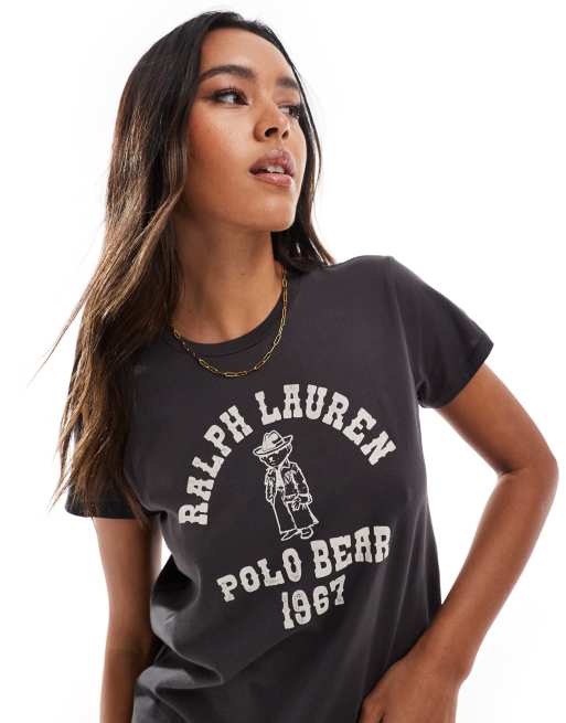 Polo Ralph Lauren – Svarttvättad t-shirt med logga och cowboybjörn