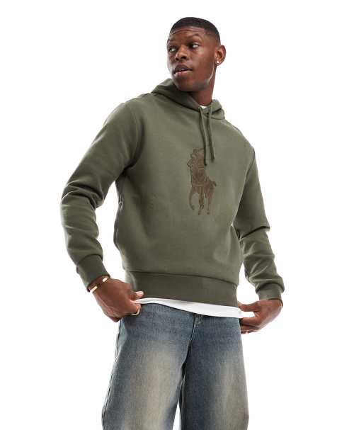 Polo Ralph Lauren - Sweat à capuche en double maille avec grand logo ton sur ton - Vert foncé - view 1