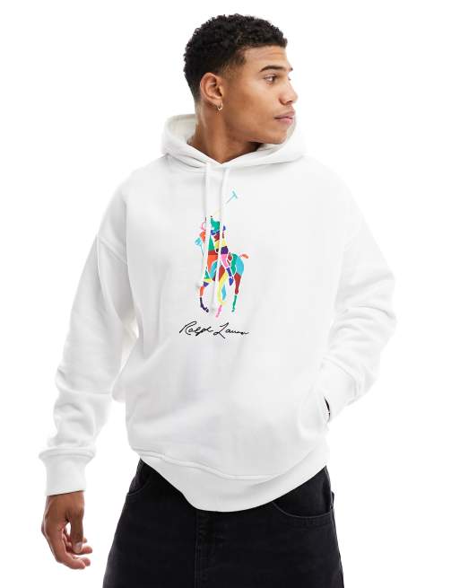 Polo Ralph Lauren - Sweat à capuche oversize avec large imprimé joueur de polo multicolore - Blanc