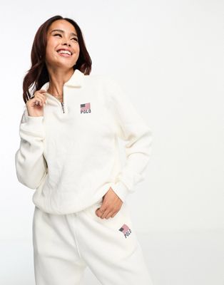 Polo Ralph Lauren flag logo half zip sweatshirt in cream CO-ORD - ASOS Price Checker