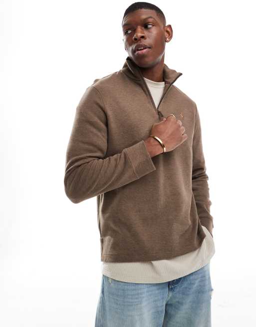 Polo Ralph Lauren - Sweat en double maille jacquard avec logo emblématique et col zippé - Marron chiné