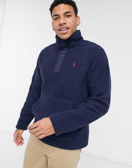 Polo Ralph Lauren Sweat en polaire col boutonn et logo joueur de polo Bleu marine