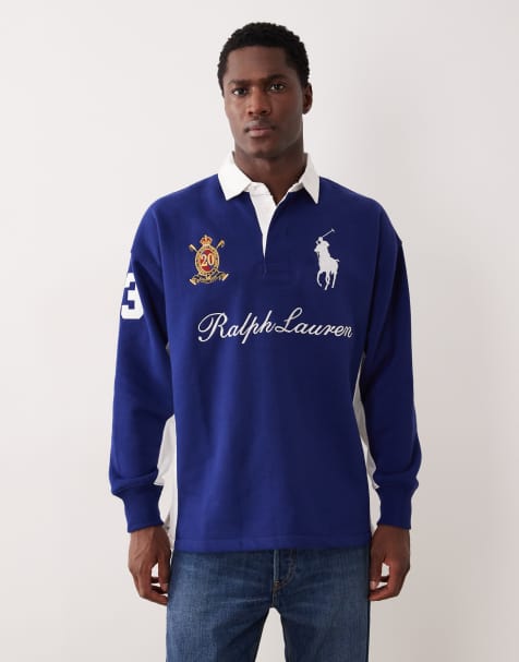 Polo Ralph Lauren - Sweat façon polo de rugby en polaire épaisse avec grands logos inscription et joueur de polo - Bleu moyen - view 1