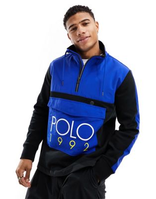 Polo Ralph Lauren retro colourblock borg hybrid half zip sweatshirt in blue/black - ASOS Price Checker
