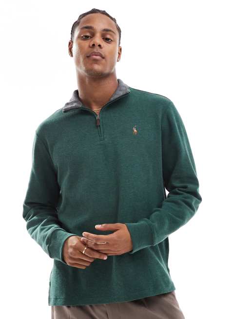 Polo Ralph Lauren – Sweatshirt aus Jersey in Dunkelgrün meliert mit Markenlogo und halbem Reißverschluss
