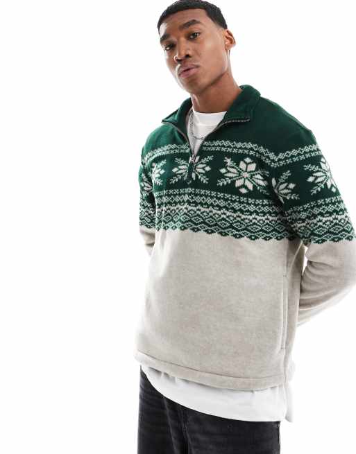Polo Ralph Lauren – Sweatshirt aus Polar-Fleece in Grün mit Geomuster und kurzem Reißverschluss
