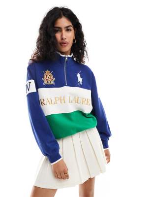 Polo Ralph Lauren - Sweatshirt in Marineblau und Weiß, Yacht-Logo auf der Brust und halbem Reißverschluss