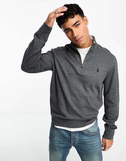 Polo Ralph Lauren – Sweatshirt in meliertem Anthrazit mit Markenlogo und halblangem Zwei-Wege-Reißverschluss