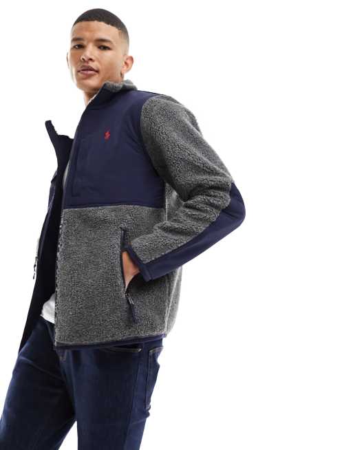Polo Ralph Lauren - Sweatshirt-jakke med logoikon, gennemgående lynlås og detaljer i imiteret lammeskind i koksgrå/marineblå