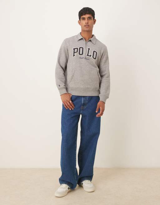 Polo Ralph Lauren - Sweatshirt met groot collegestijl scriptlogo en korte rits in gemêleerd donkergrijs, 4 van 5