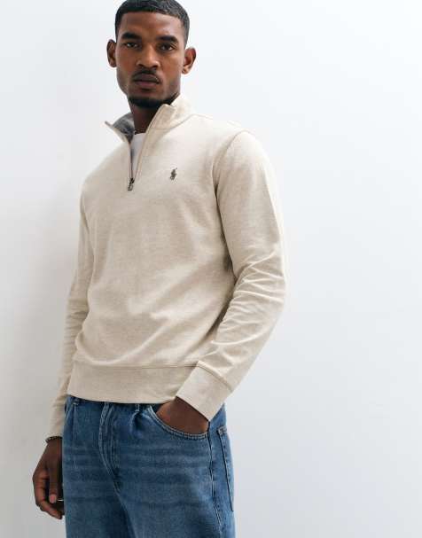 Polo Ralph Lauren sweatshirt met icon-logo en kwart rits van dubbelgebreide stof in beige - view 1