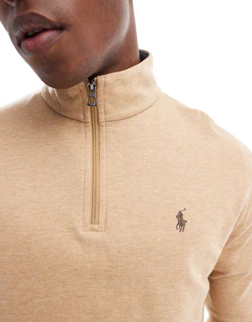 Polo Ralph Lauren - Sweatshirt van dubbel breisel met icoonlogo en korte rits in gemêleerd camel, 2 van 4
