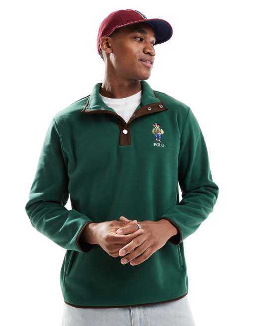 Polo Ralph Lauren - Sweatshirt van polar fleece met varsity beerprint en halve knoopbies in donkergroen
