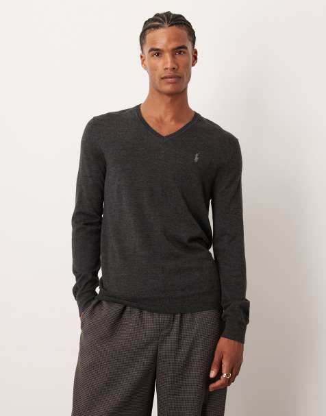 Polo Ralph Lauren – Sweter z dzianiny merino w grafitowym melanżowym kolorze z dekoltem w szpic i logo - view 1