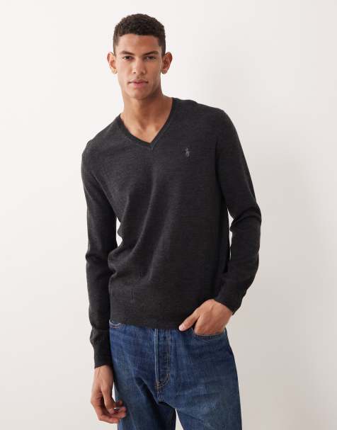 Polo Ralph Lauren icon logo v-neck merino wool knit jumper in charcoal marl