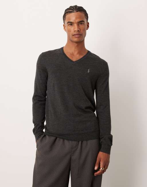 Polo Ralph Lauren – Sweter z dzianiny merino w grafitowym melanżowym kolorze z dekoltem w szpic i logo