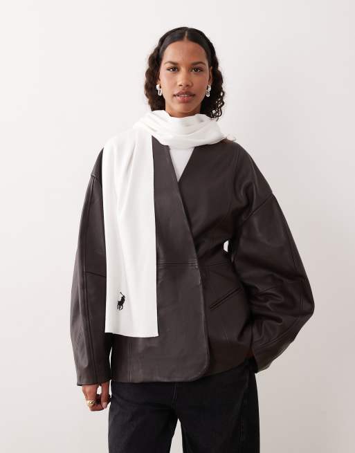 Polo Ralph Lauren – Szalik w kolorze złamanej bieli z czarnym logo z dzianiny bawełnianej