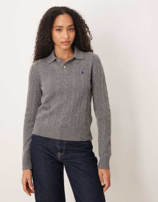 Polo Ralph Lauren – Szara koszulka polo z długim rękawem z dzianiny o warkoczowym splocie