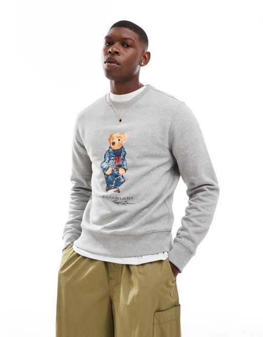 Polo Ralph Lauren – Szara melanżowa bluza z nadrukiem misia w jeansie