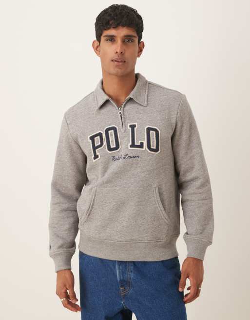 Polo Ralph Lauren – Szara melanżowa bluza z uczelnianym napisem i zamkiem pod szyją