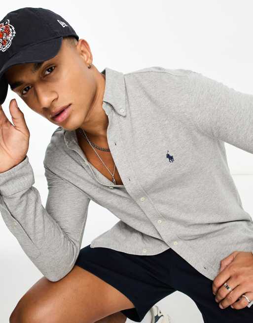 Polo Ralph Lauren – Szara melanżowa koszula z piki z logo i zapięciem na guziki