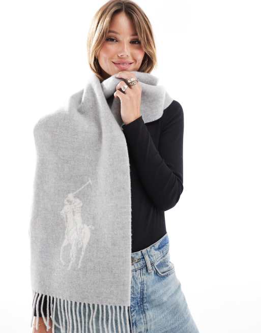Polo Ralph Lauren – Szaro-kremowy dwustronny szalik z dużym logo z kucykiem