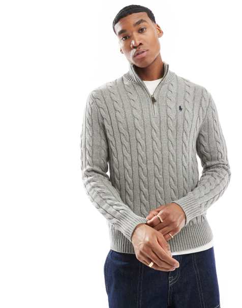 Polo Ralph Lauren – Szary melanżowy dzianinowy sweter bawełniany o warkoczowym splocie z logo i zamkiem pod szyją - view 1