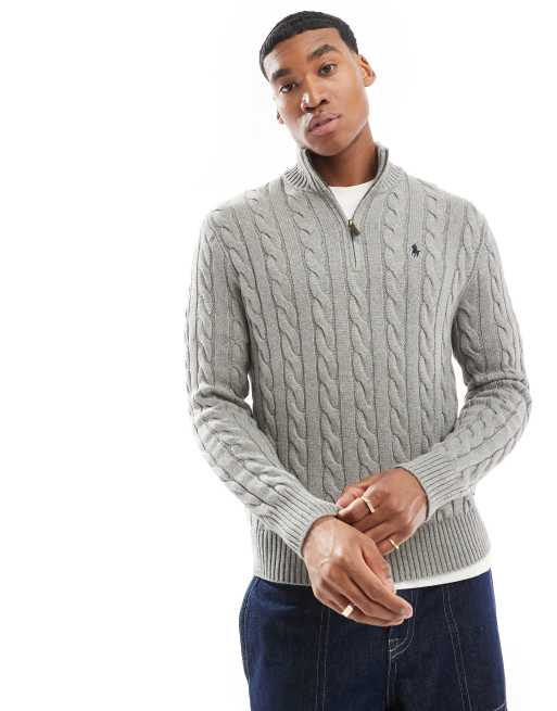 Polo Ralph Lauren – Szary melanżowy dzianinowy sweter bawełniany o warkoczowym splocie z logo i zamkiem pod szyją