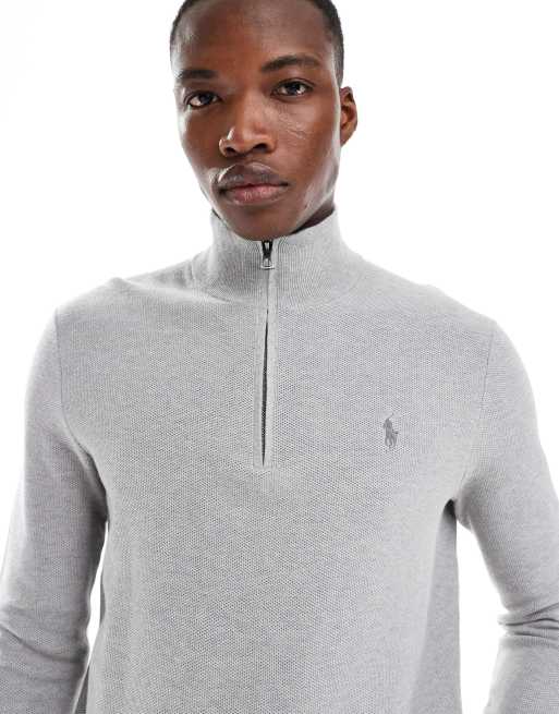 Polo Ralph Lauren – Szary melanżowy sweter z fakturowanej bawełny z zamkiem pod szyją i logo