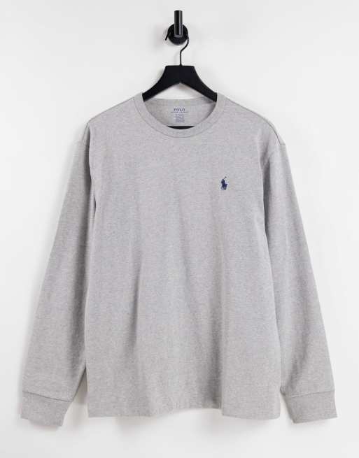 Polo Ralph Lauren – Szary melanżowy T-shirt oversize z grubej dzianiny z długimi rękawami i logo