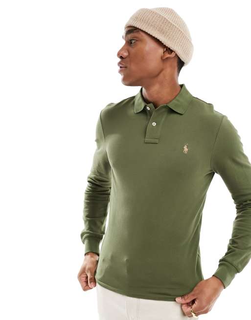 Polo Ralph Lauren – Szałwiowozielona koszulka polo z piki o dopasowanym kroju z długimi rękawami i logo