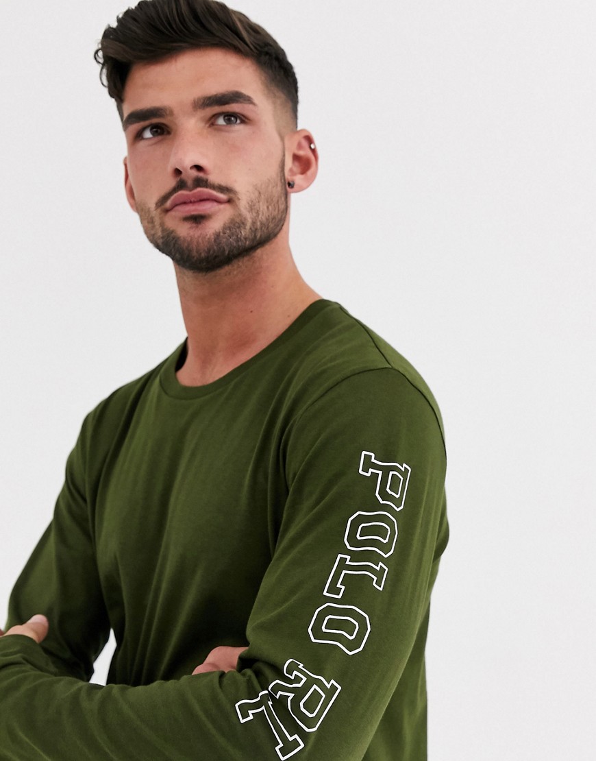 Polo Ralph Lauren - T-shirt a maniche lunghe da casa verde oliva con logo sul braccio