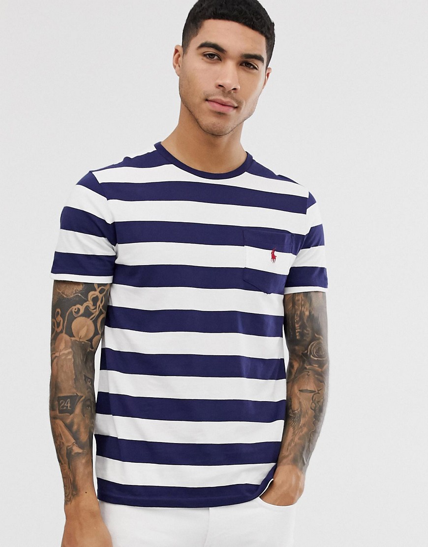 Polo Ralph Lauren - T-shirt a righe larghe blu navy/bianco con logo e tasca