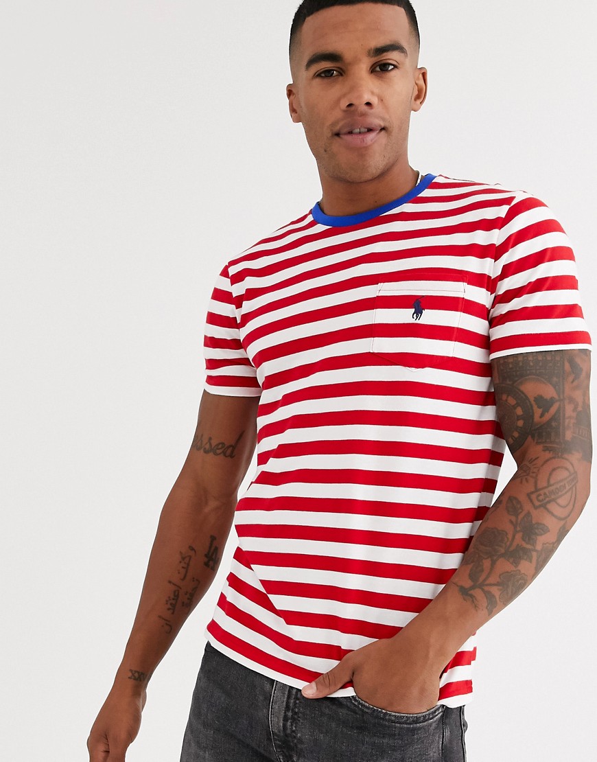 Polo Ralph Lauren - T-shirt a righe rosse/bianche con tasca con logo e scollo a contrasto-Rosso