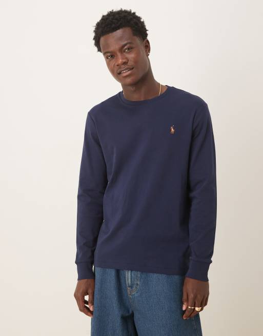 Polo Ralph Lauren - T-shirt ajusté en coton pima à motif poney distinctif et manches longues - Bleu marine
