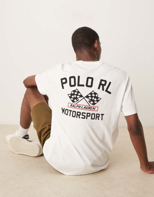 Polo Ralph Lauren - T-shirt classica oversize color bianco sporco fiammata con stampa sul retro con logo racing