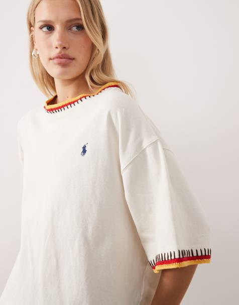 Polo Ralph Lauren - T-shirt coupe carrée à manches mi-longues avec liserés et logo emblématique - Crème - view 1