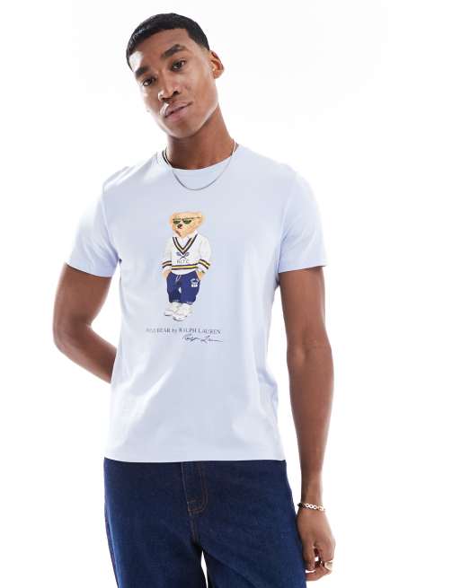 Polo Ralph Lauren - T-shirt custom fit blu chiaro con stampa di orsetto heritage