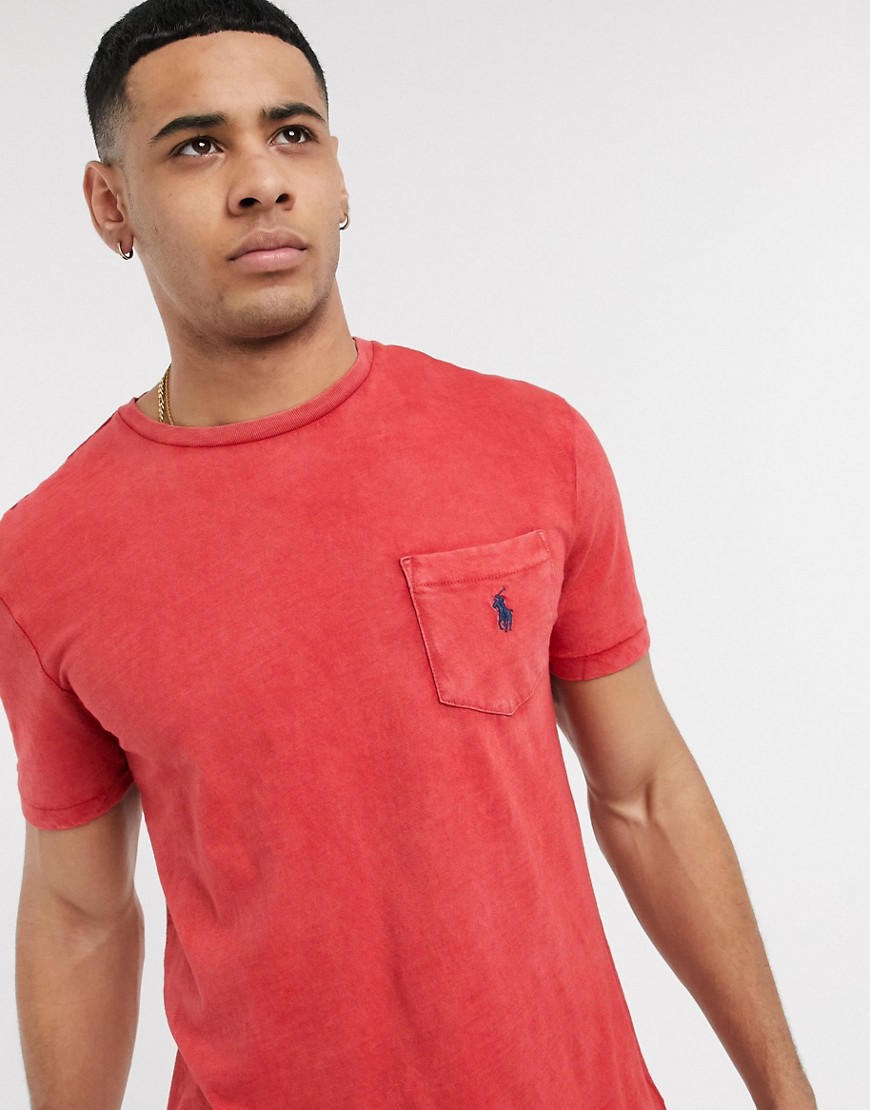 Polo Ralph Lauren - T-shirt fiammata rossa con tasca e logo-Rosso