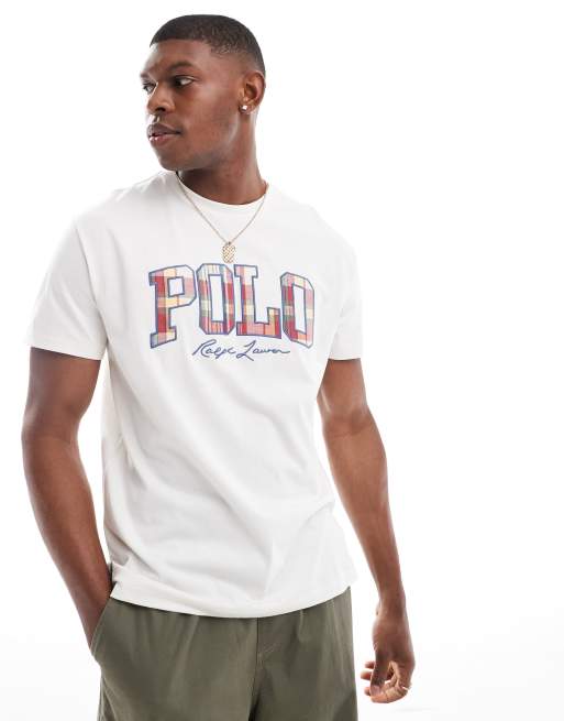 Polo Ralph Lauren – T-Shirt in gebrochenem Weiß mit kariertem Logoprint und klassischem Oversize-Schnitt