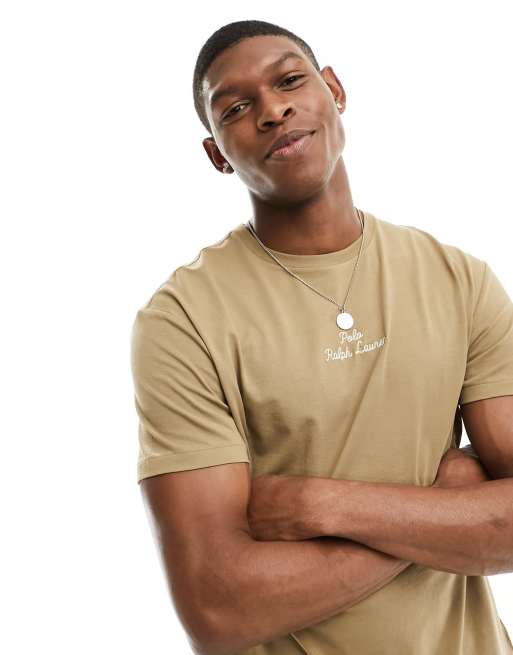 Polo Ralph Lauren – T-Shirt in Khaki-Hellbraun mit klassischem Oversize-Schnitt und mittigem Logo